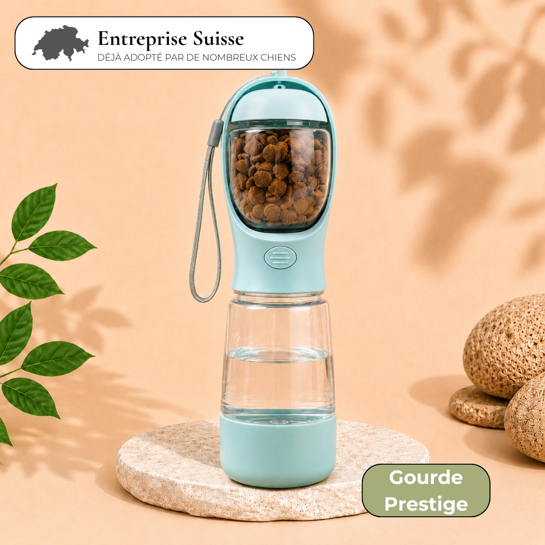 Gourde 3-en-1 pour chien avec eau, croquettes et sacs à crottes