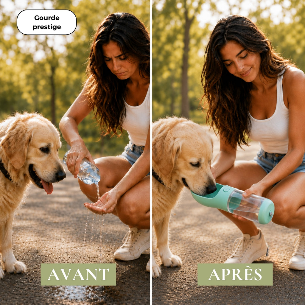 Gourde 3-en-1 pour chien avec eau, croquettes et sacs à crottes