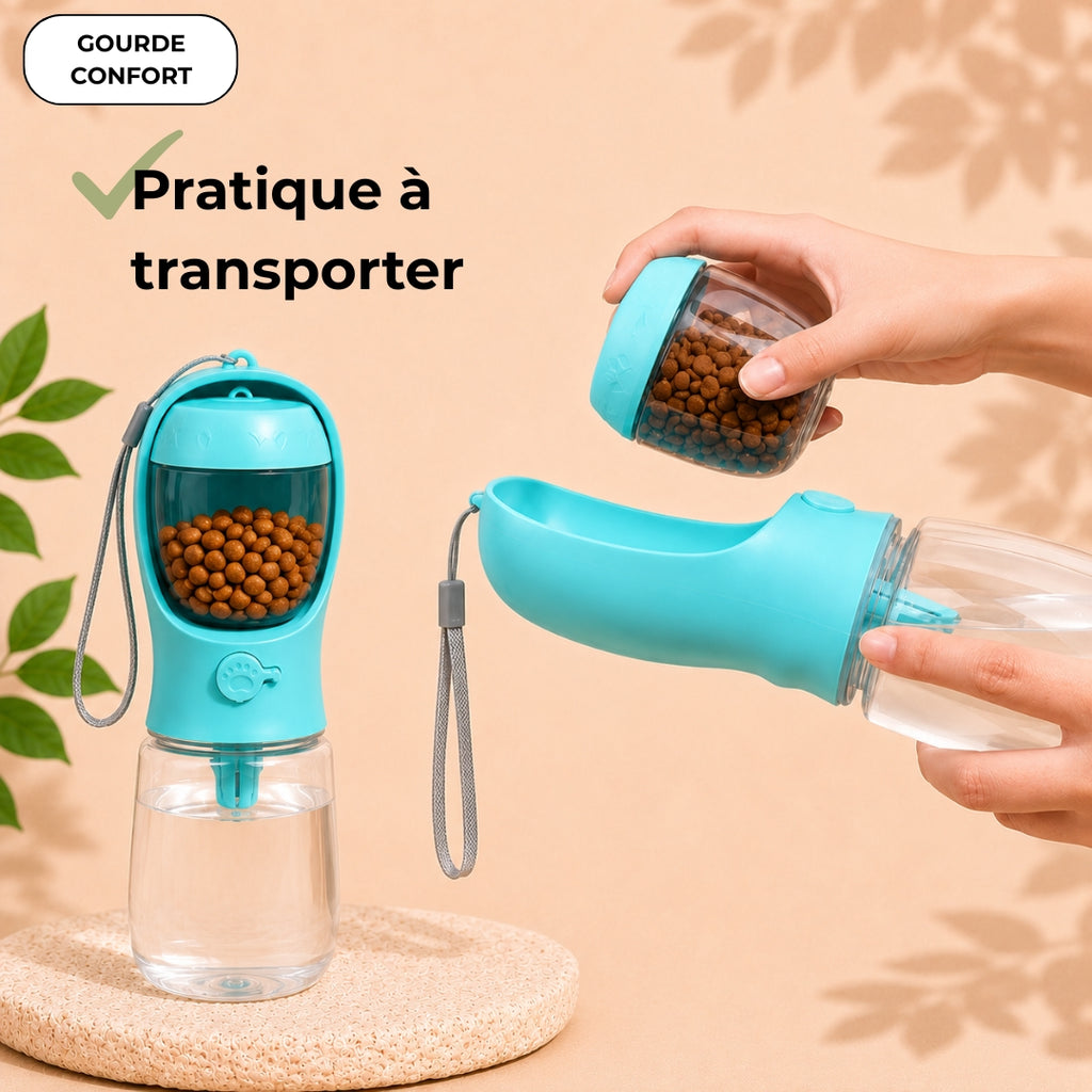 Gourde 2-en-1 pour chien avec compartiments eau et croquettes
