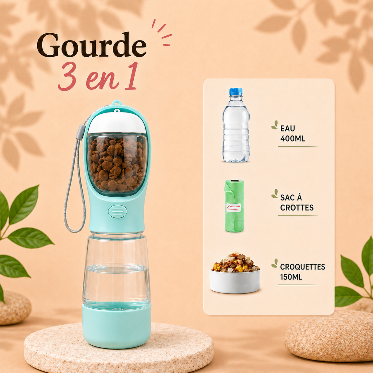 Gourde 3-en-1 pour chien avec eau, croquettes et sacs à crottes