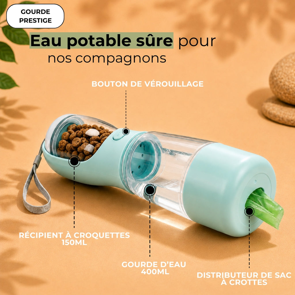 Gourde 3-en-1 pour chien avec eau, croquettes et sacs à crottes