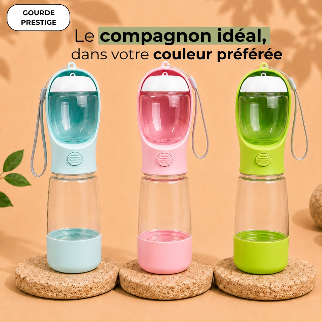 Gourde 3-en-1 pour chien avec eau, croquettes et sacs à crottes