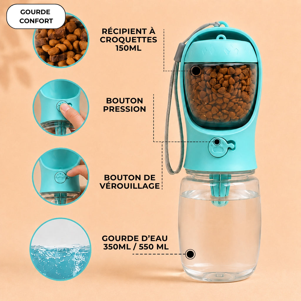 Gourde 2-en-1 pour chien avec compartiments eau et croquettes