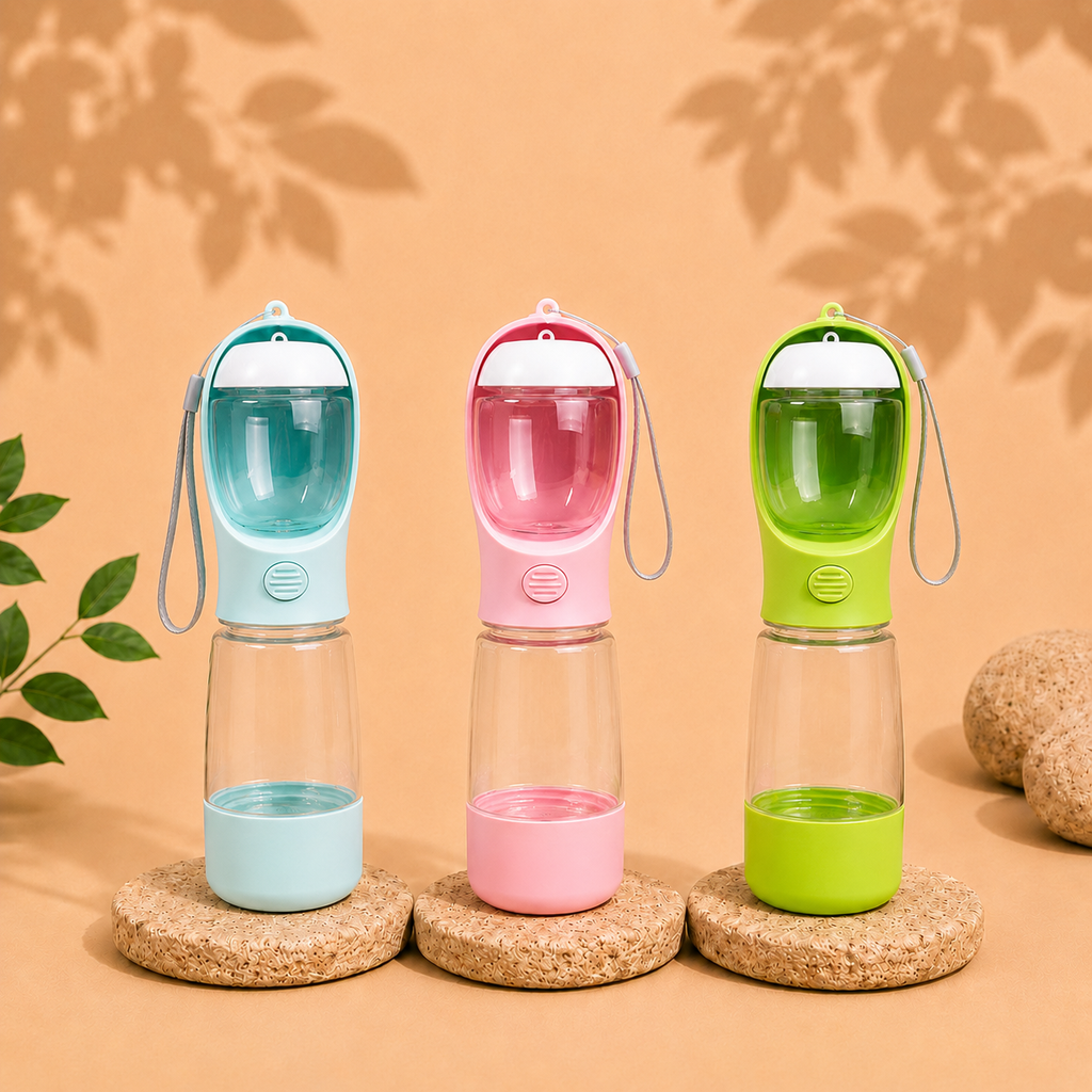 Gourde 3-en-1 pour chien avec eau, croquettes et sacs à crottes