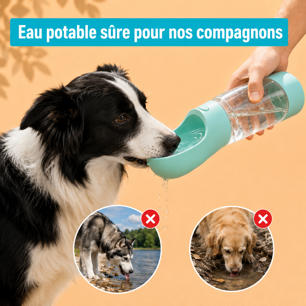 Gourde 3-en-1 pour chien avec eau, croquettes et sacs à crottes