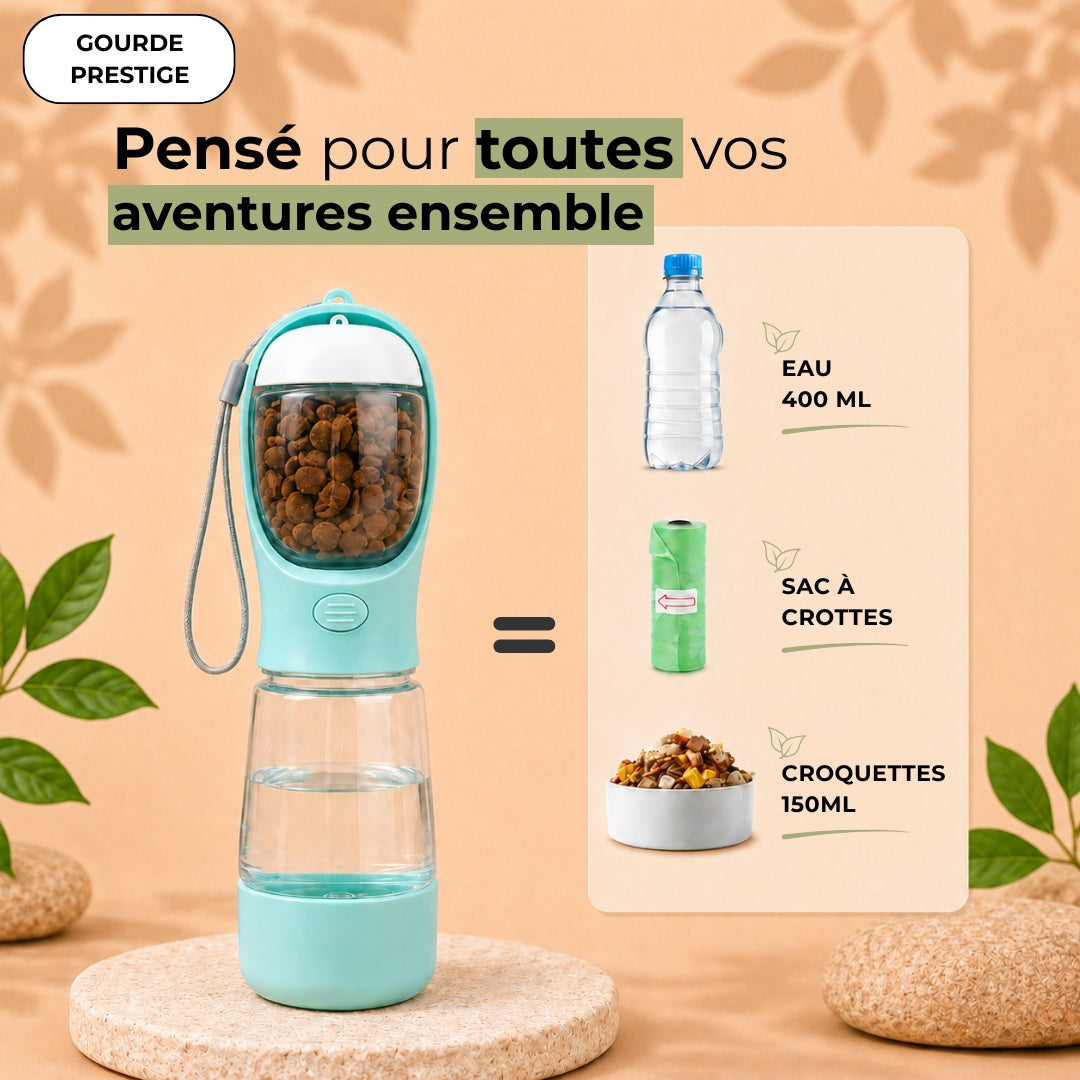 Gourde 3-en-1 pour chien avec eau, croquettes et sacs à crottes