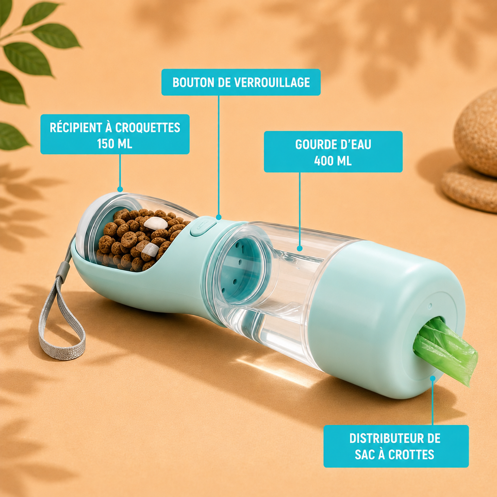 Gourde 3-en-1 pour chien avec eau, croquettes et sacs à crottes