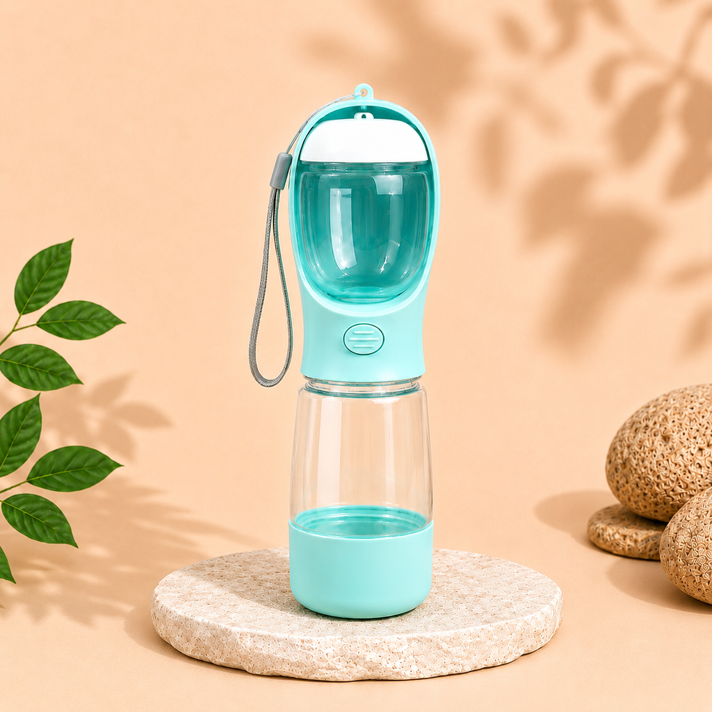 Gourde 3-en-1 pour chien avec eau, croquettes et sacs à crottes