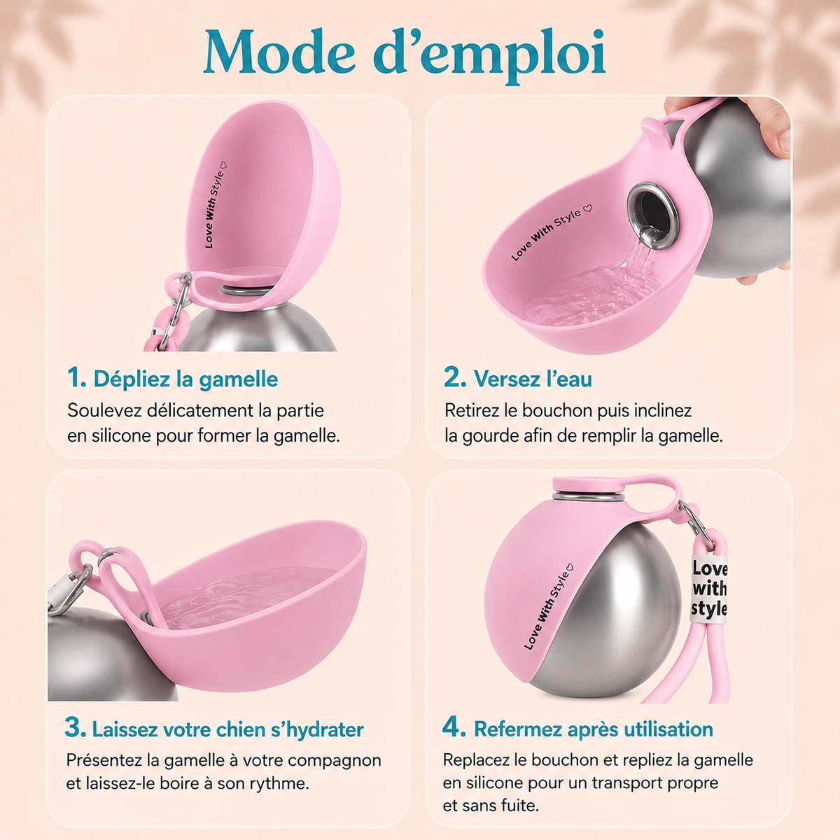 Gourde pour chien en inox avec bol pliable intégré