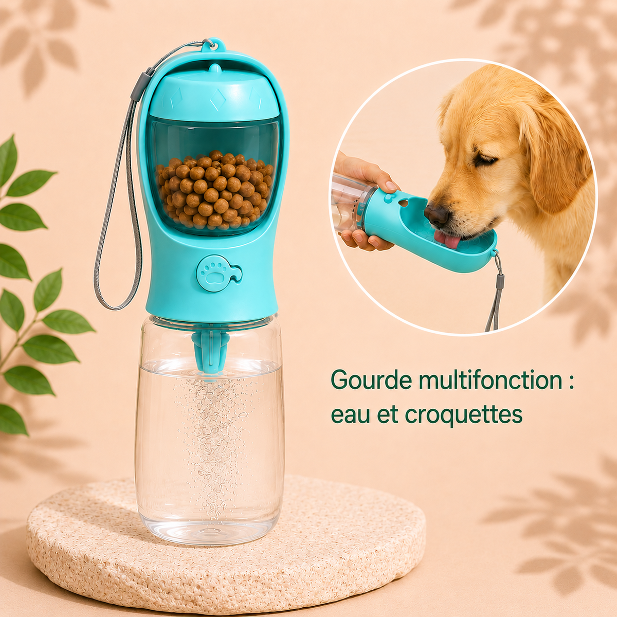 Gourde 2-en-1 pour chien avec compartiments eau et croquettes